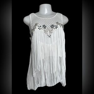 CAOS+ Western Fringe Top Sz 38 White Rhinestone Mesh Festival Glam